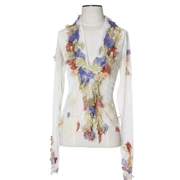 💥WOW! MANDALAY Fairy Sheer Appliqué Ruffled Collar Blouse Top Embellished Y2k - Picture 1 of 16